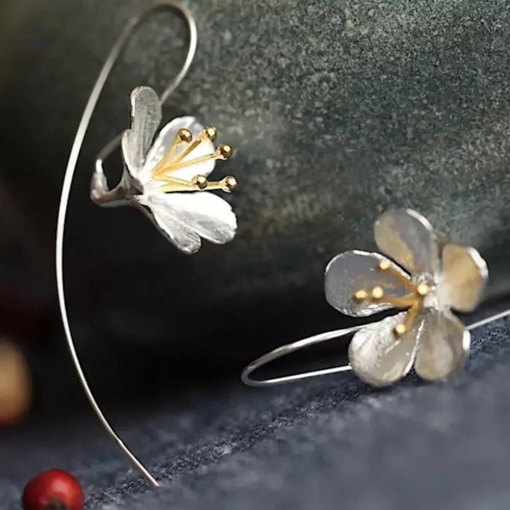Japanese Cherry Blossom Floral Silver Loop Earring - Picture 7 of 7